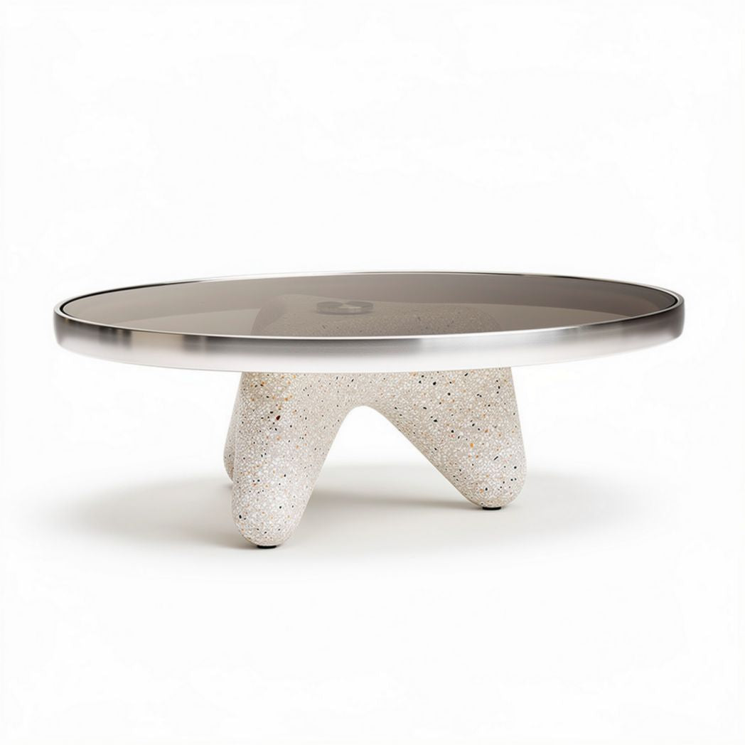 Concrete coffee table with glass top and unique three-legged design 80 x 80 x 30cm