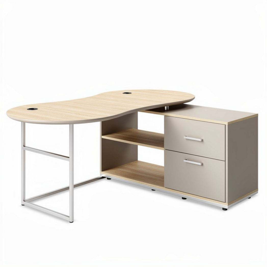 Curved wooden office desk with metal legs and storage drawers 150 x 70 x 75cm