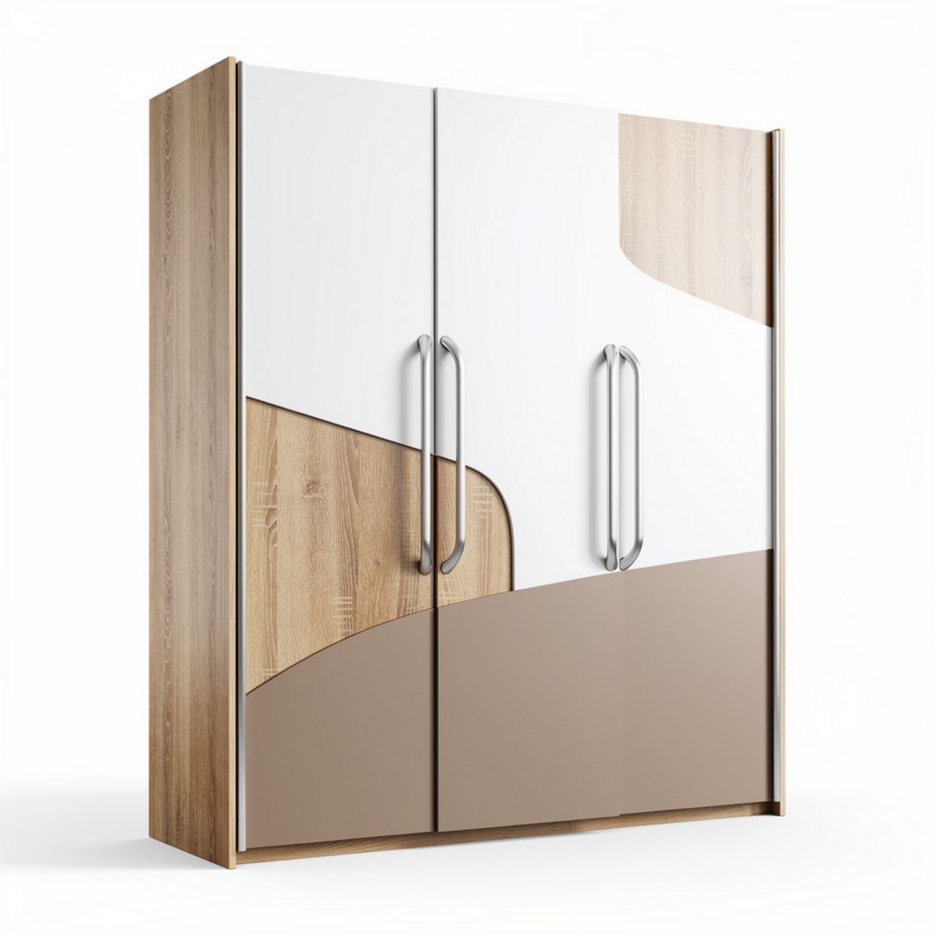 Wooden wardrobe with sliding doors in white and light brown finish 150 x 100 x 50cm