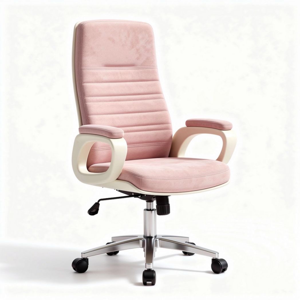 Pink upholstered office chair with adjustable height and comfortable armrests
