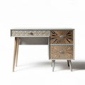 Wooden desk with decorative drawers measures 120 x 60 x 76cm in beige and brown