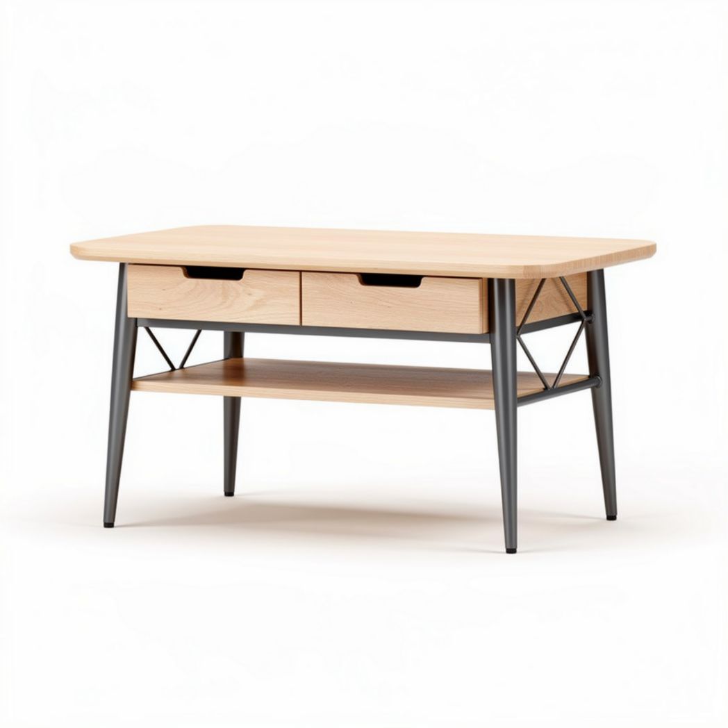 Wood and metal coffee table with two drawers and bottom shelf 120 x 60 x 45cm