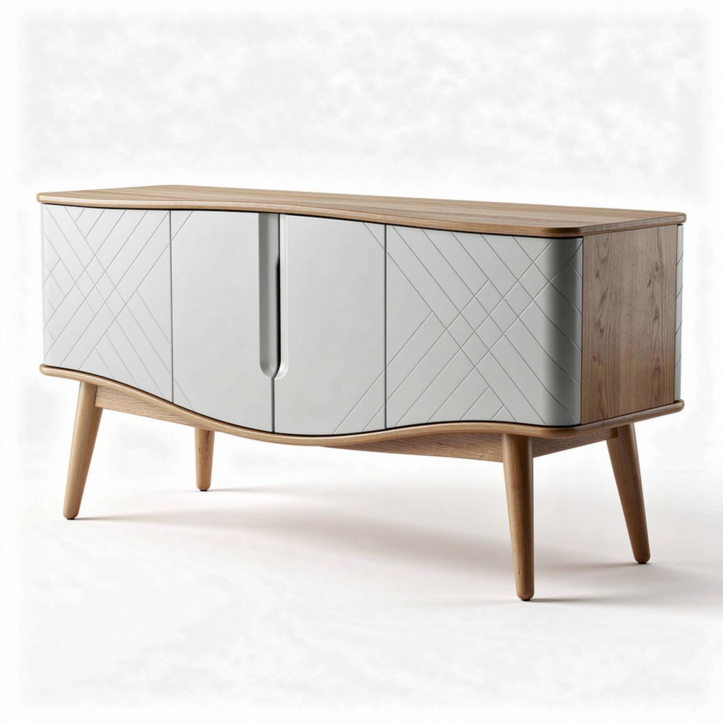 Modern wood and glass sideboard with curved design 150 x 45 x 70cm