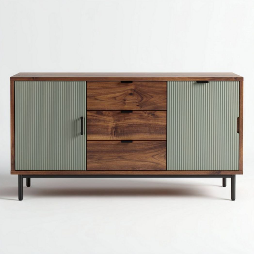 Wooden sideboard with gray ribbed doors and metal legs 120 x 40 x 80cm