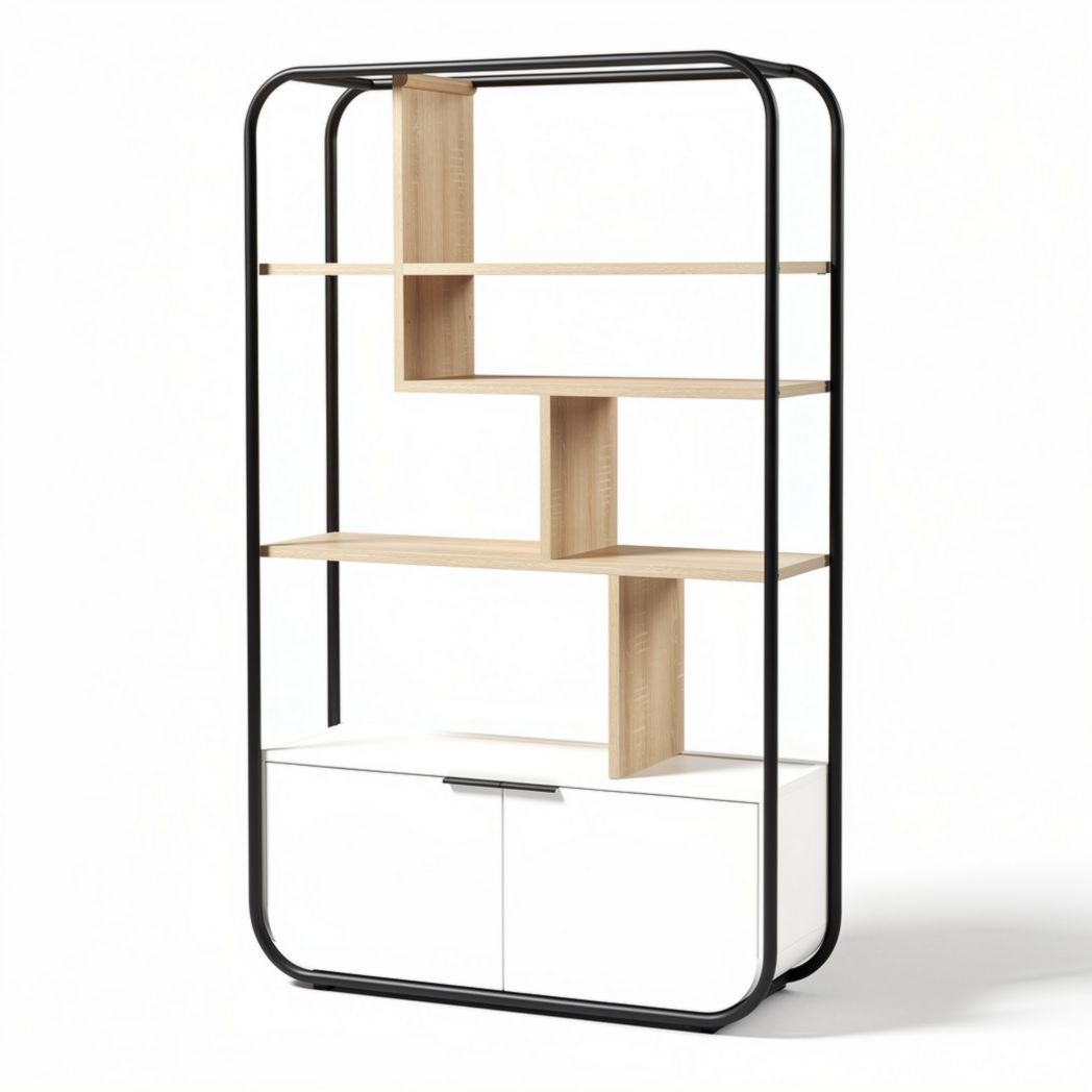 Wood and metal bookshelf with storage cabinet in black and natural finish 180 x 80 x 40cm