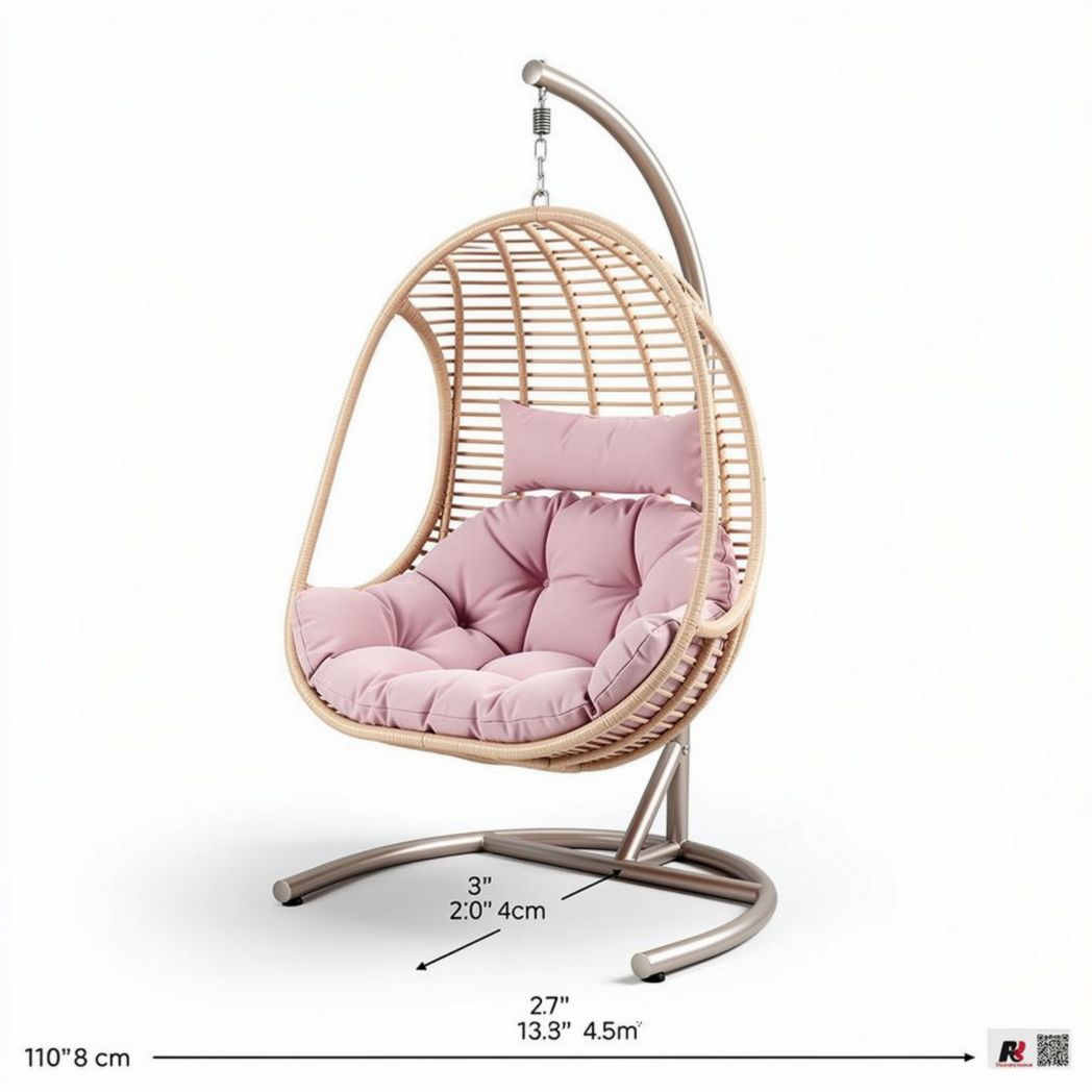 Hanging wicker egg chair with cushion for indoor outdoor use pink 110 x 83 x 76cm