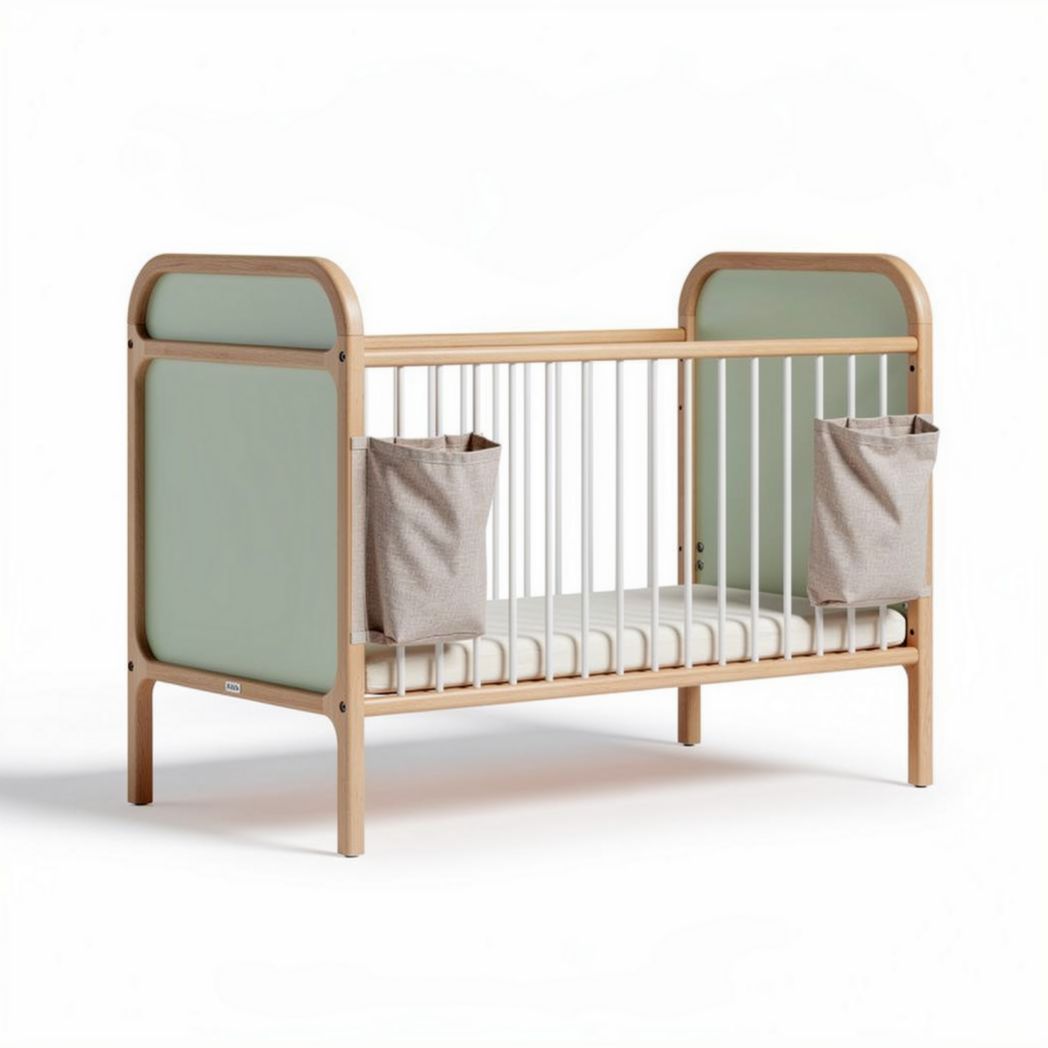 Wooden convertible crib with three storage baskets in natural finish 120 x 60 x 90cm