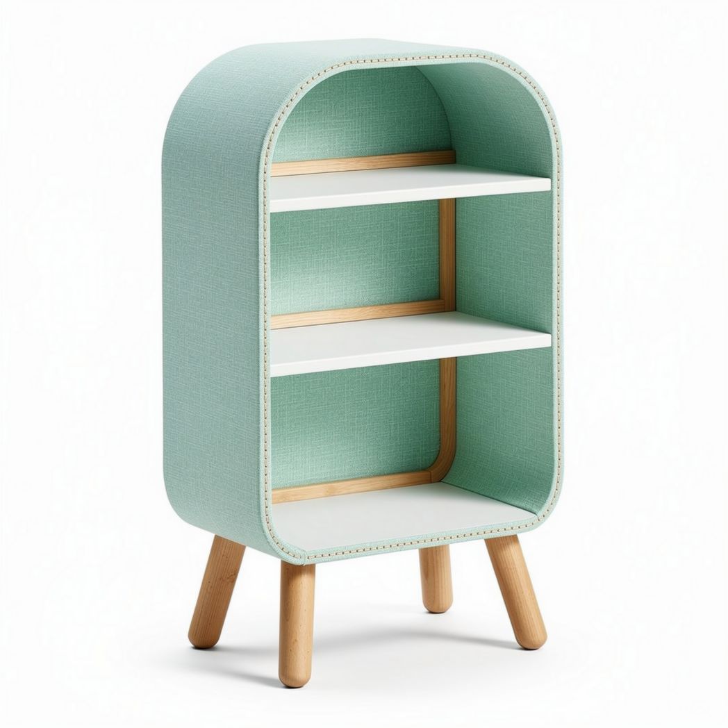 Fabric storage shelf with wooden legs and three open compartments 40 x 30 x 80cm