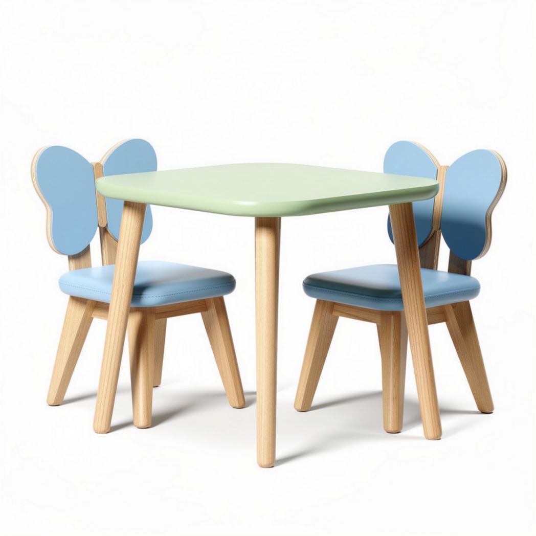 Kids' table and chair set with butterfly design in green and blue wood 80 x 80 x 50cm