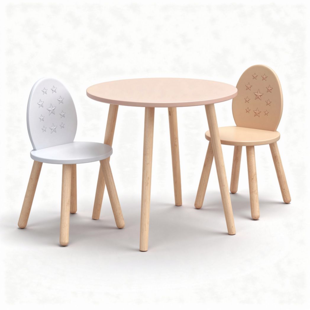 Children's white bear-themed table and chair set with wooden legs 60 x 60 x 50cm