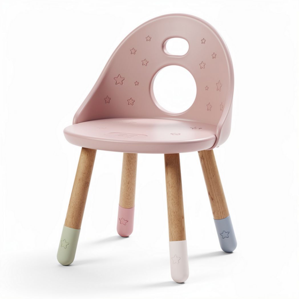 Kids plastic chair with wood legs and star pattern in pink 35 x 30 x 55cm